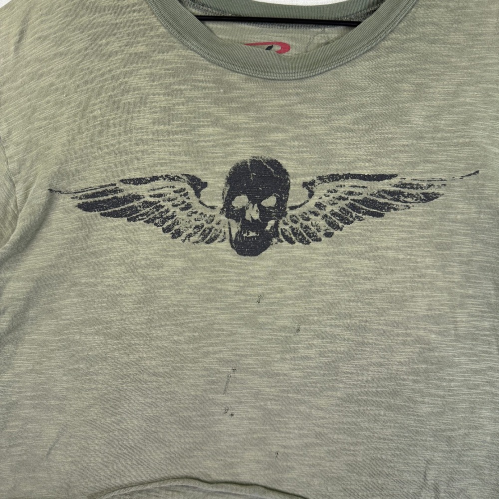 Rothco Skull Wings T- Shirt Crop Top Women S Grunge Biker Olive Green Distressed - Picture 4 of 6